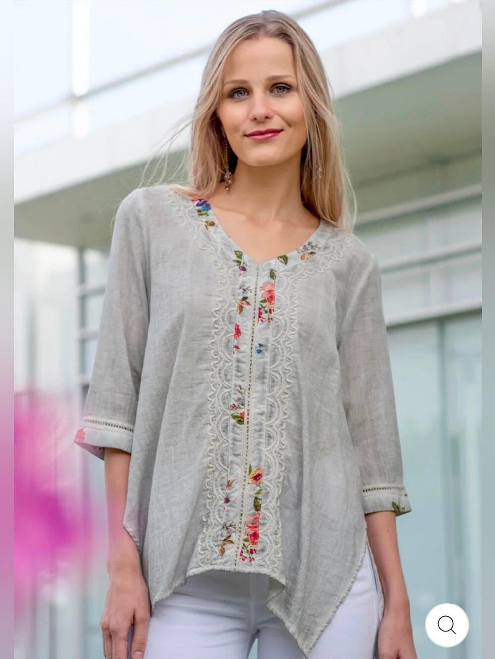 NWT Gretty Zueger Loris Gray Linen Floral Embroidered Top Women's M